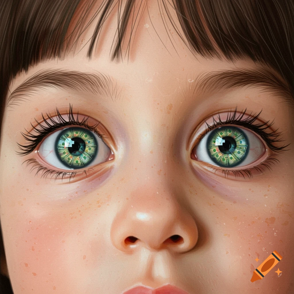 Close-up hyperrealistic image of a child's face with dollar bills visible within their eyes.