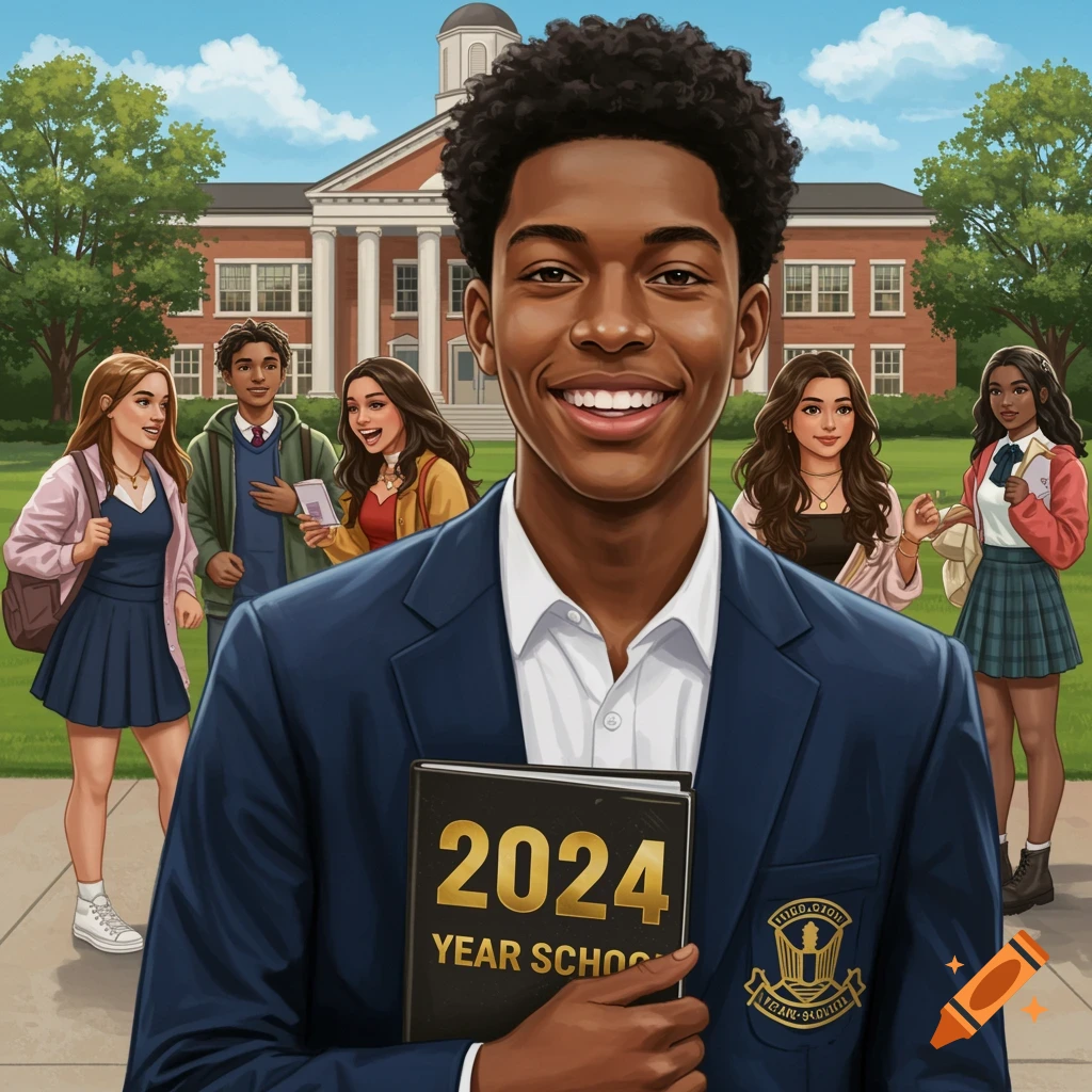 High school students, one holding a yearbook, in front of a school building.