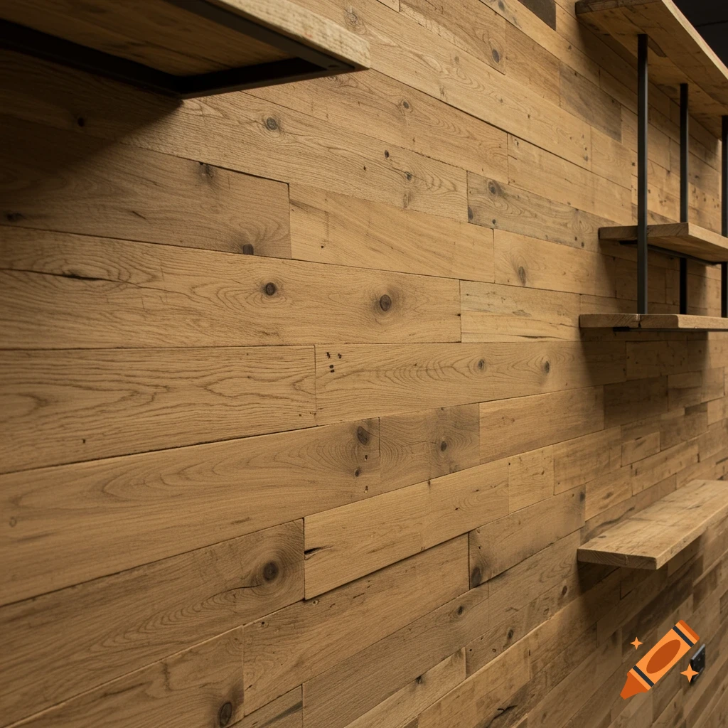 A close-up view of a wooden plank wall with metal-supported shelves.