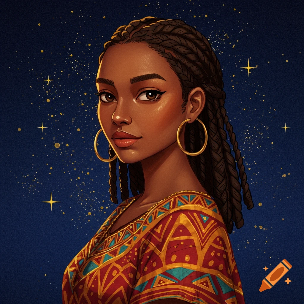 A woman with braided hair and hoop earrings, wearing a patterned dress against a starry blue background.