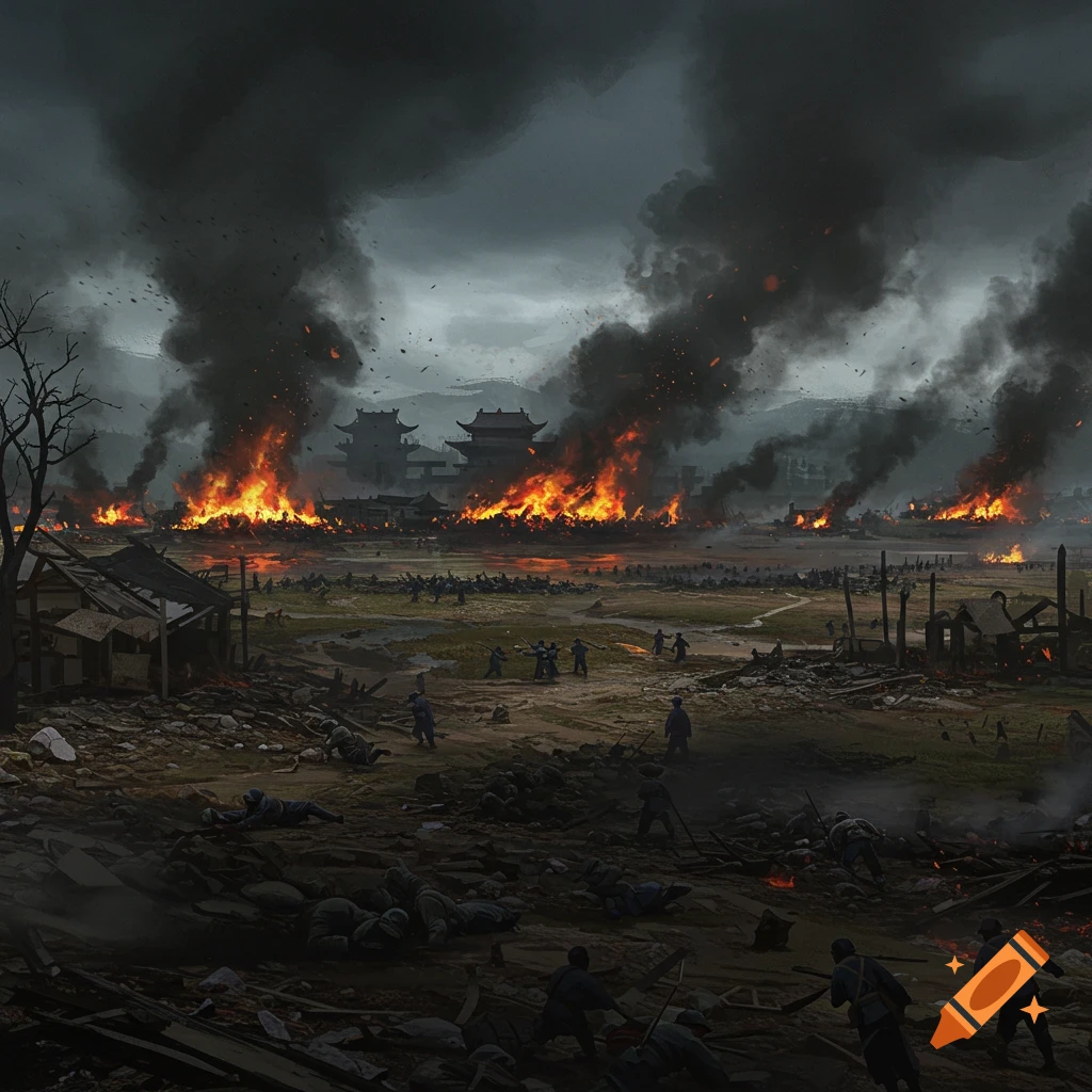 Smoke-filled battlefield with burning buildings and soldiers during wartime.