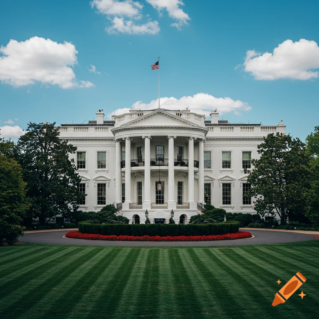 The White House with a circular driveway and lawn in the foreground, under a partly cloudy sky.