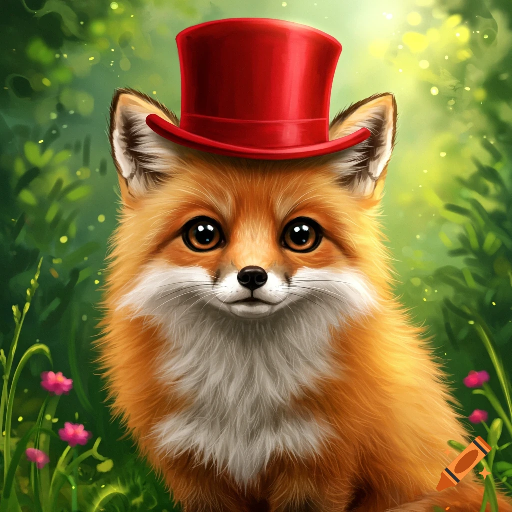 A cute illustration of a fox wearing a red top hat in a forest.