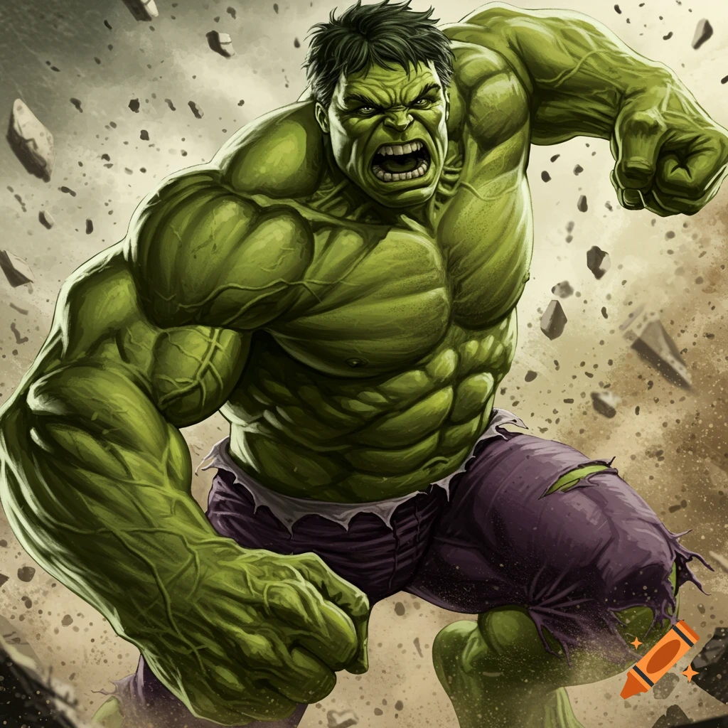 The Hulk charges forward, breaking the ground.