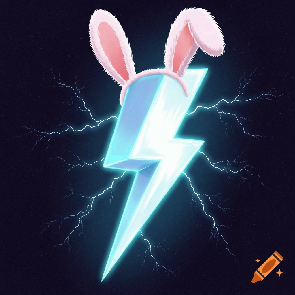 A glowing blue lightning bolt wearing pink bunny ears, surrounded by smaller lightning strikes against a dark background.
