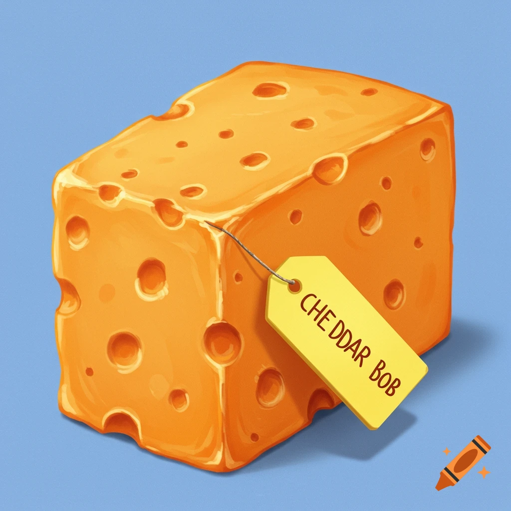 A block of cheese with a yellow tag labeled CHEDDAR BOB.