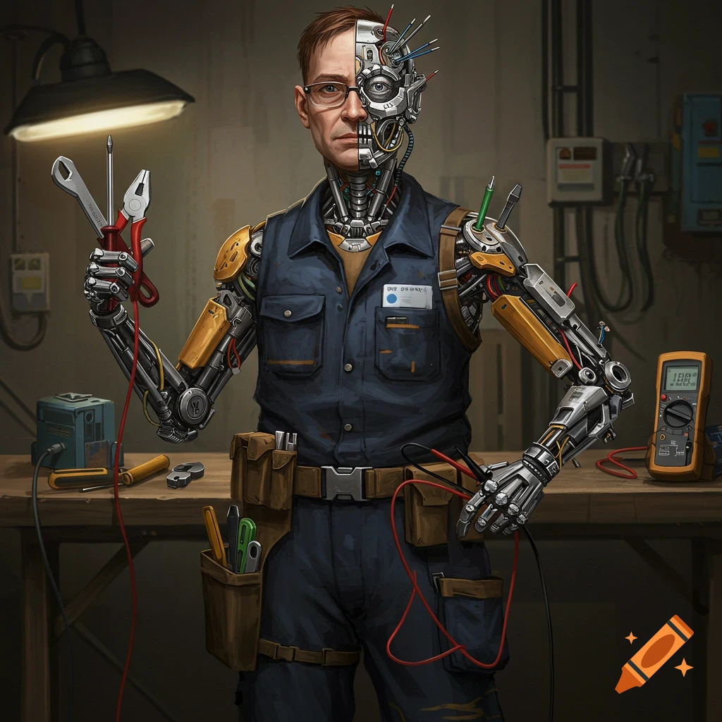 A half-human, half-robot electrician holding tools at a workbench.