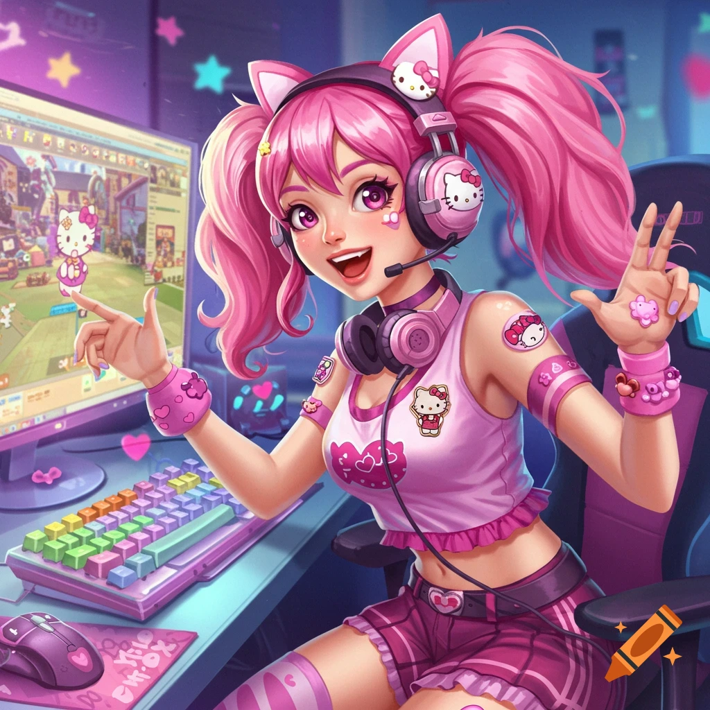 A pink-haired gamer girl wearing Hello Kitty accessories while sitting at a computer.
