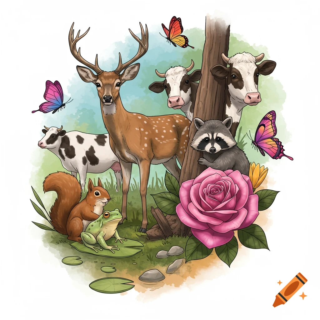 A digital illustration of a deer, cows, squirrel, frog, raccoon, butterflies, and a rose.