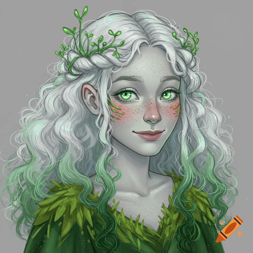 Stylized portrait of a fantasy woman with grey skin, green eyes, white and green hair with leaves, wearing a leaf outfit.