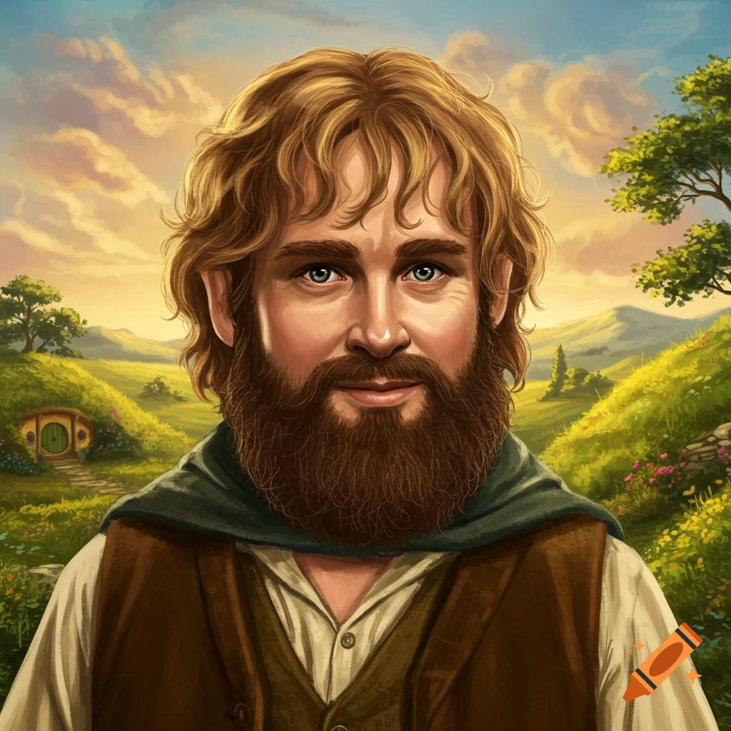 A man with a beard in a fantasy landscape with a hobbit hole.