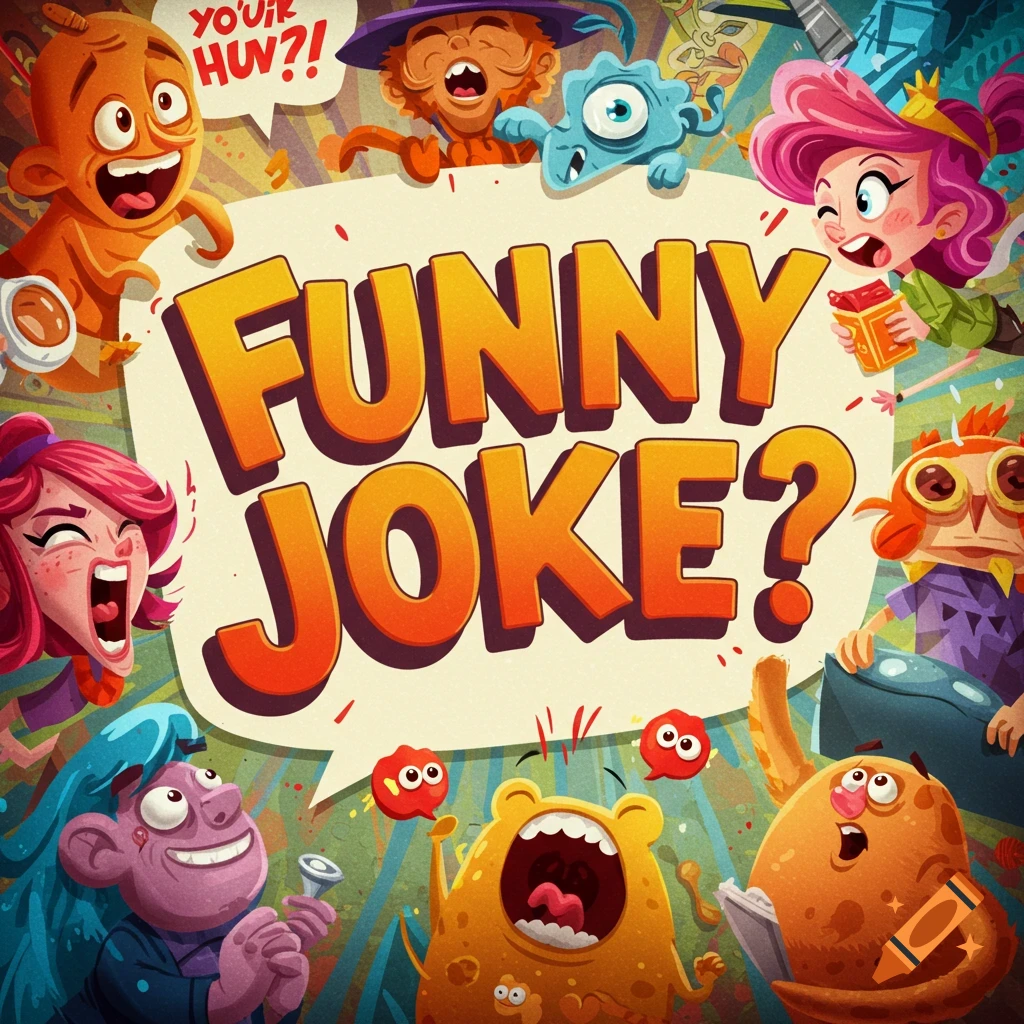 Cartoon illustration of various colorful characters reacting to a large speech bubble saying 'FUNNY JOKE?'
