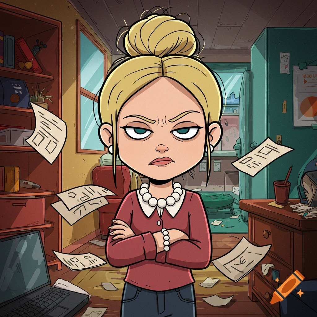 Cartoon woman with crossed arms and annoyed expression in a messy room with papers flying.