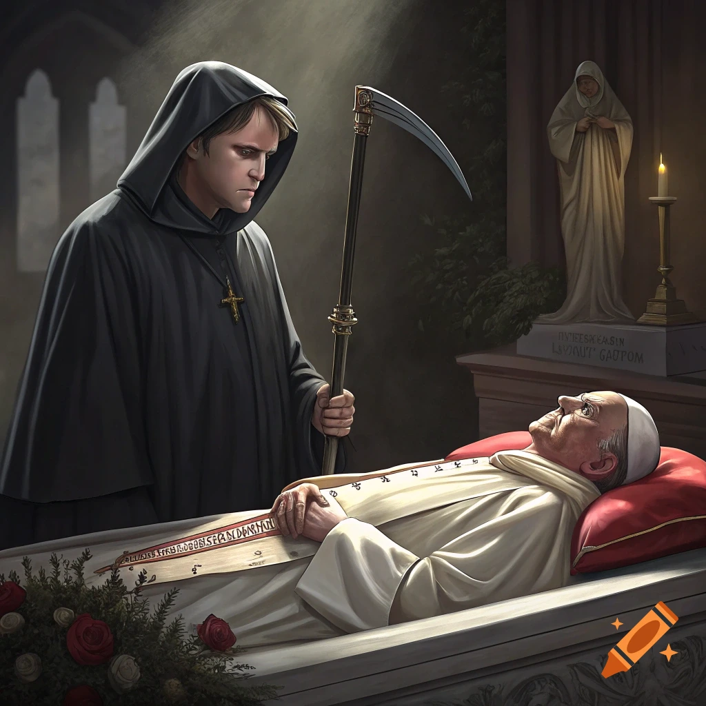 A hooded figure with a scythe stands over a deceased Pope lying in a coffin in a dimly lit room with a statue in the background.