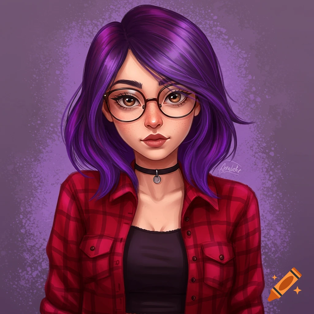 Portrait of a young woman with purple hair, glasses, and a red flannel shirt.