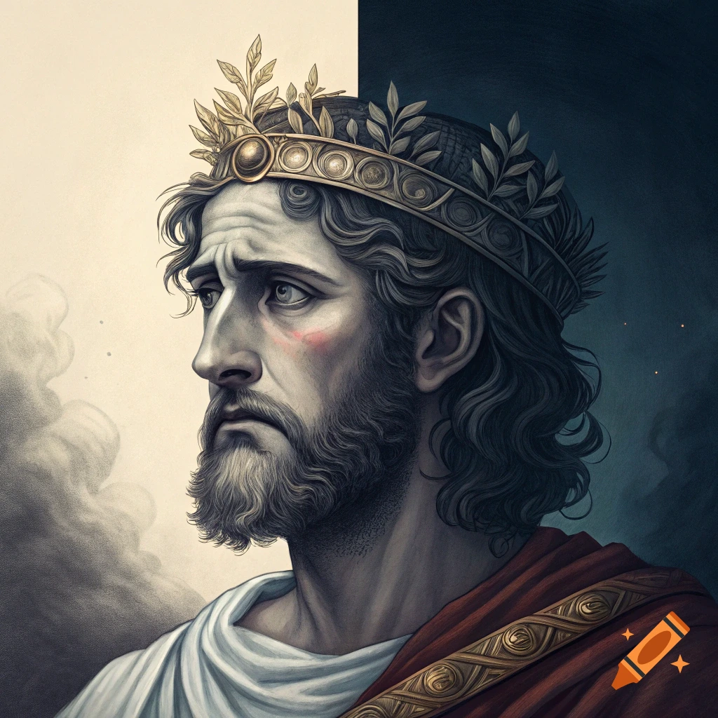 Illustration of a man with a beard and crown looking pained, with a split light and dark background.