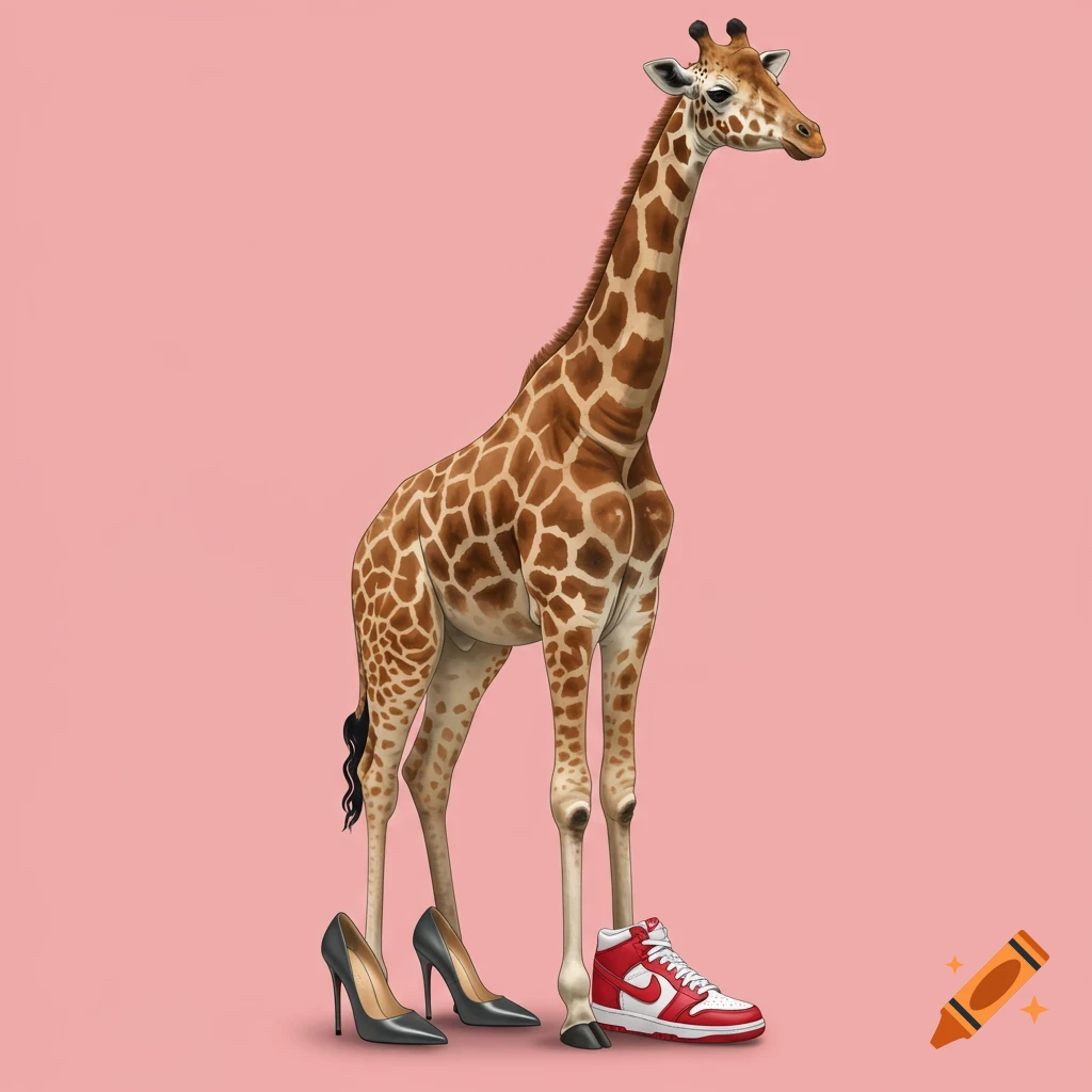 A giraffe wearing high heels and a sneaker on a pink background.