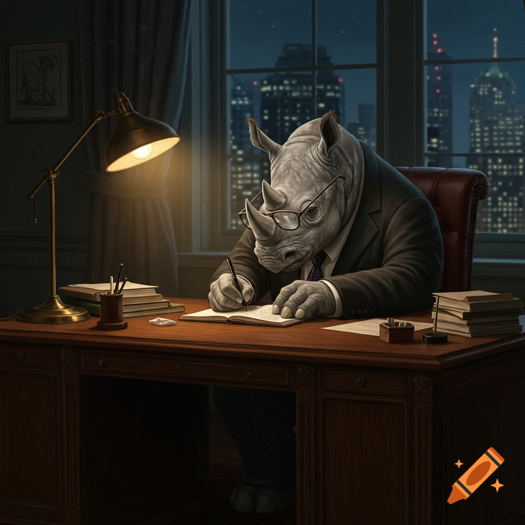 A rhino in a suit writing at a desk in an office at night.