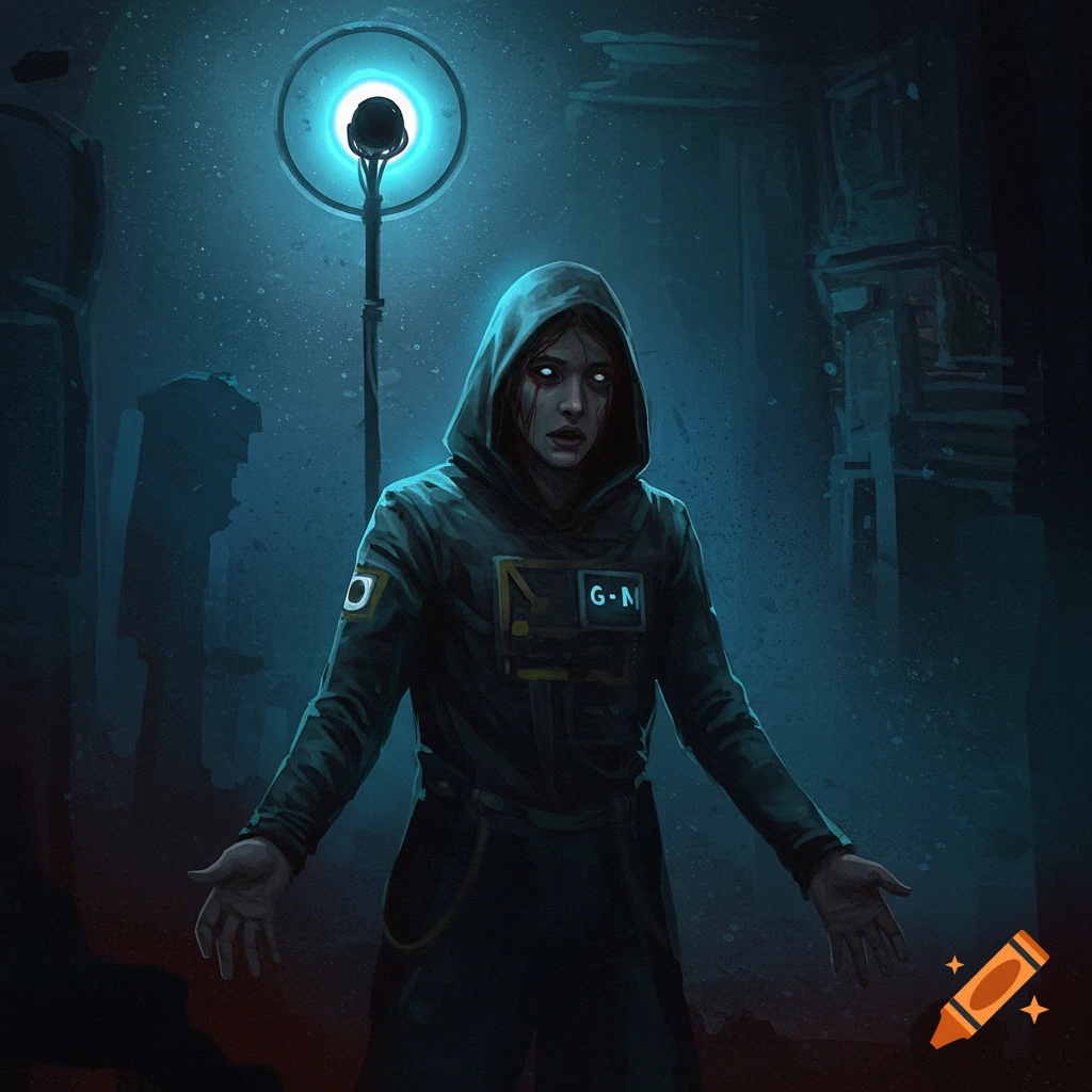 A hooded figure with glowing eyes and blood streaks stands in a dark, desolate place under a light. Digital art.