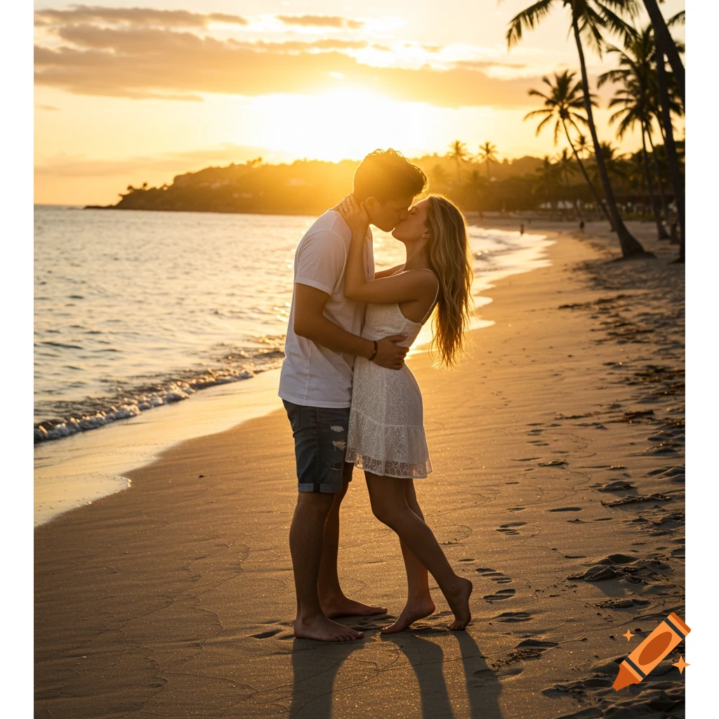 A couple kisses on a beach at sunset.