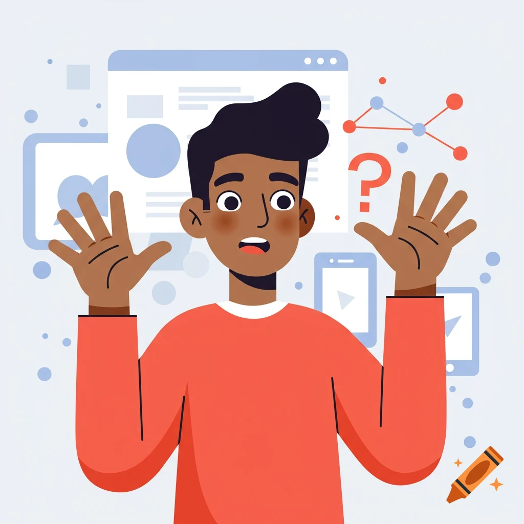 Vector graphic illustration of a surprised person with hands raised, surrounded by tech icons and a question mark.