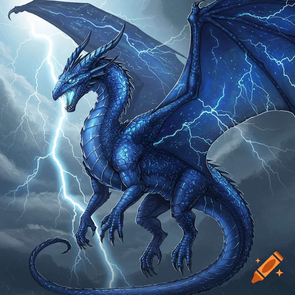 A vibrant blue dragon with glowing scales and wings extended, surrounded by lightning and storm clouds.