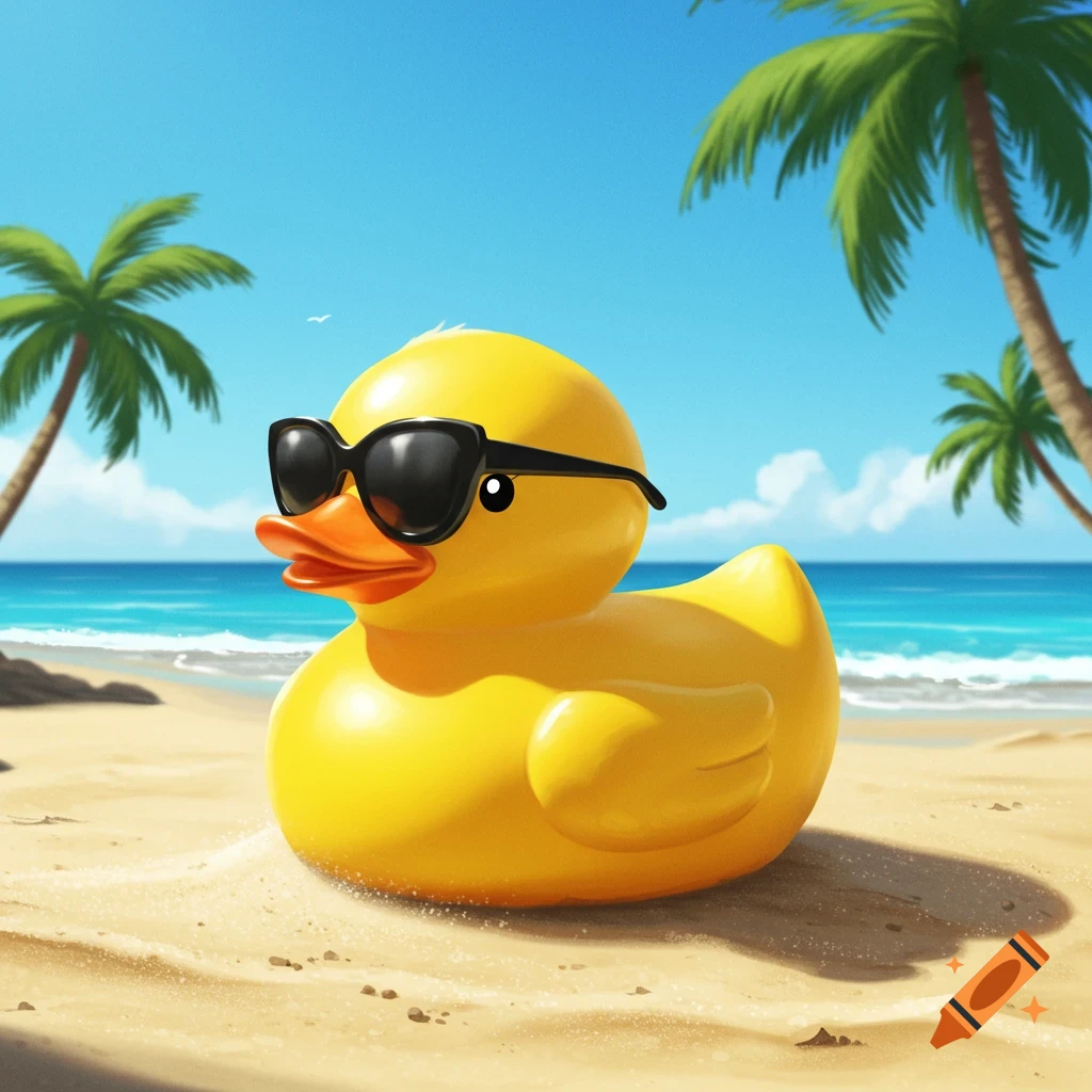 A yellow rubber duck wearing sunglasses sits on a sandy beach with palm trees and ocean in the background.
