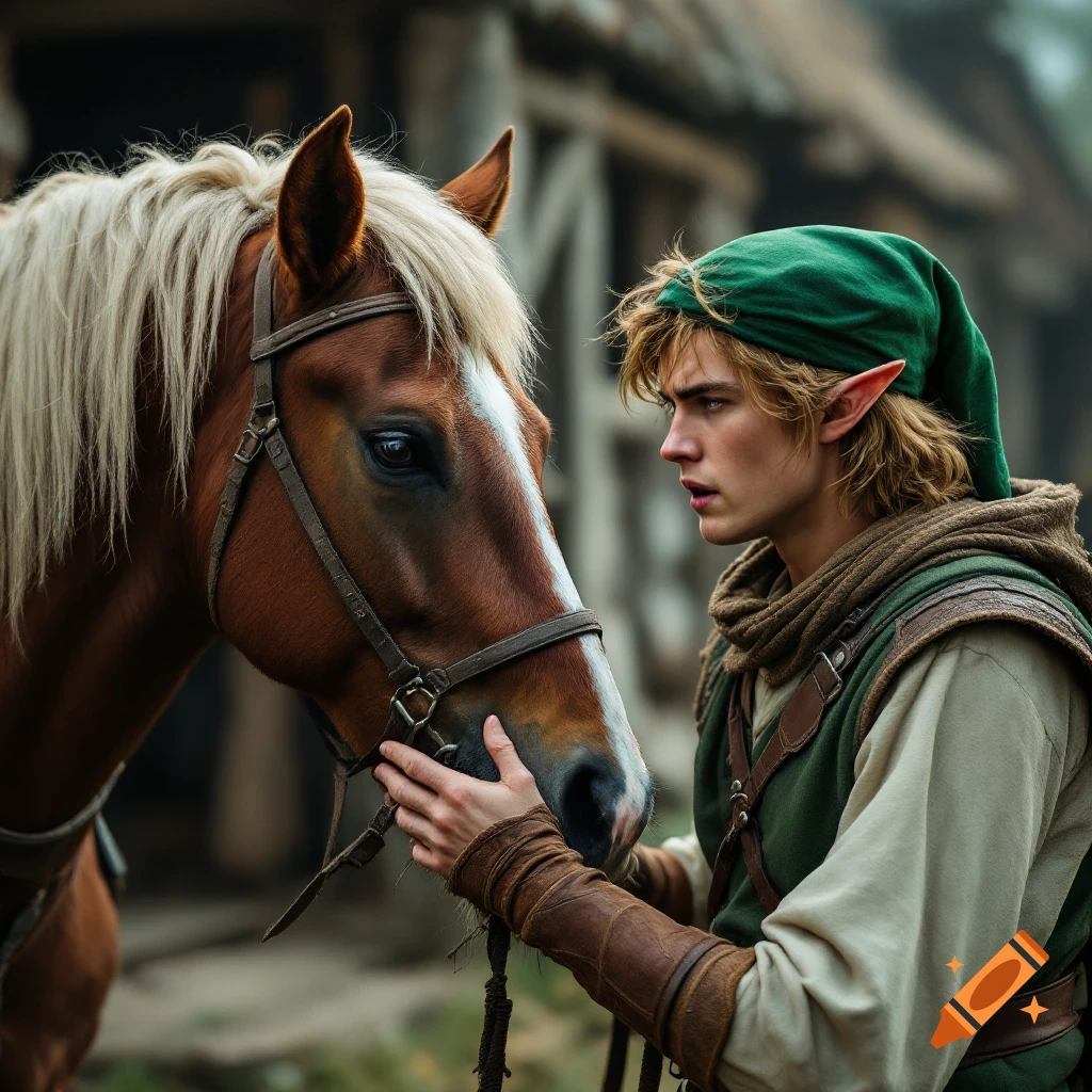 A young man with pointed ears and green hat pets a brown horse.