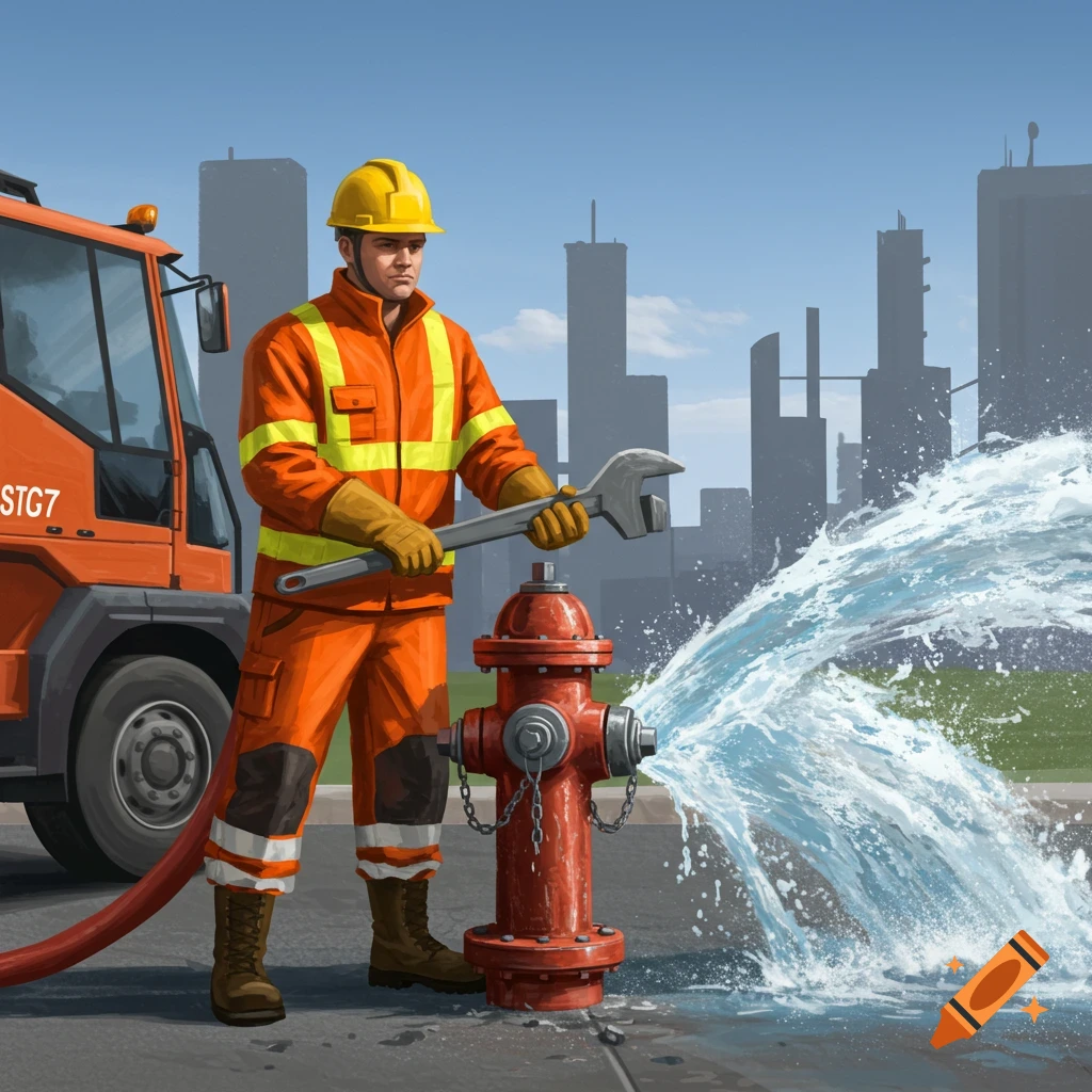 A worker in safety gear operates a fire hydrant next to a truck, with city buildings in the background.