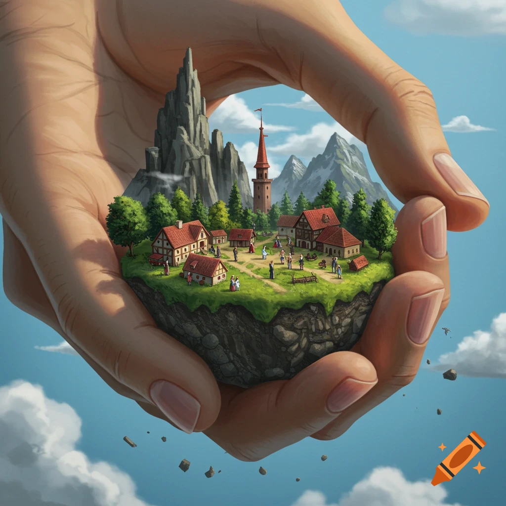 Giant hands hold a small island with a fantasy village, mountains, and trees floating in the sky.