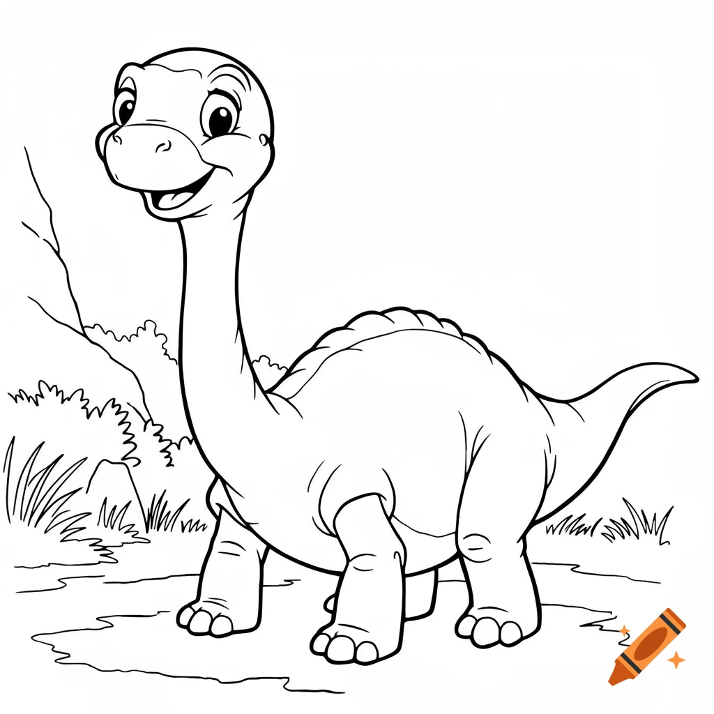 Black and white line drawing of a friendly, long-necked cartoon dinosaur standing on a path, suitable for coloring.