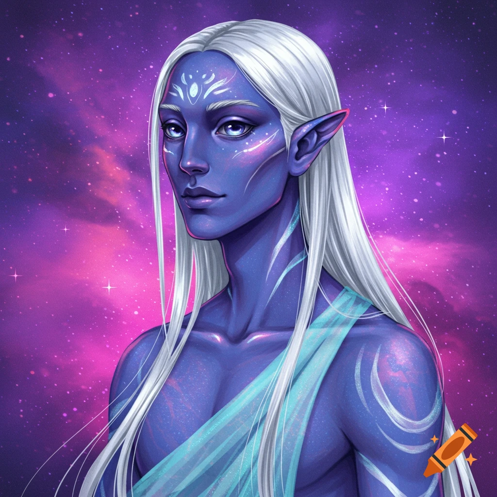 Portrait of a blue-skinned alien humanoid with long white hair against a pink and purple galaxy background.
