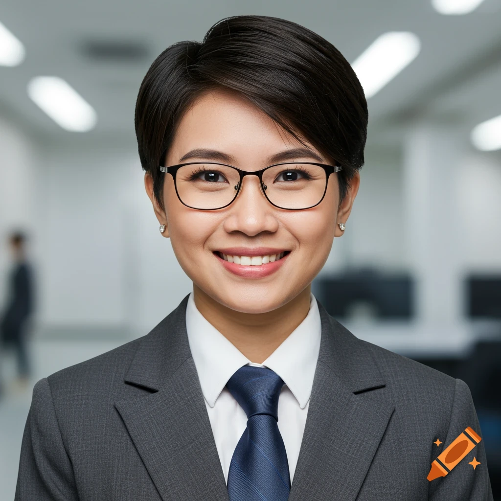 Portrait of a professional young woman in glasses, suit, and tie, smiling in an office.