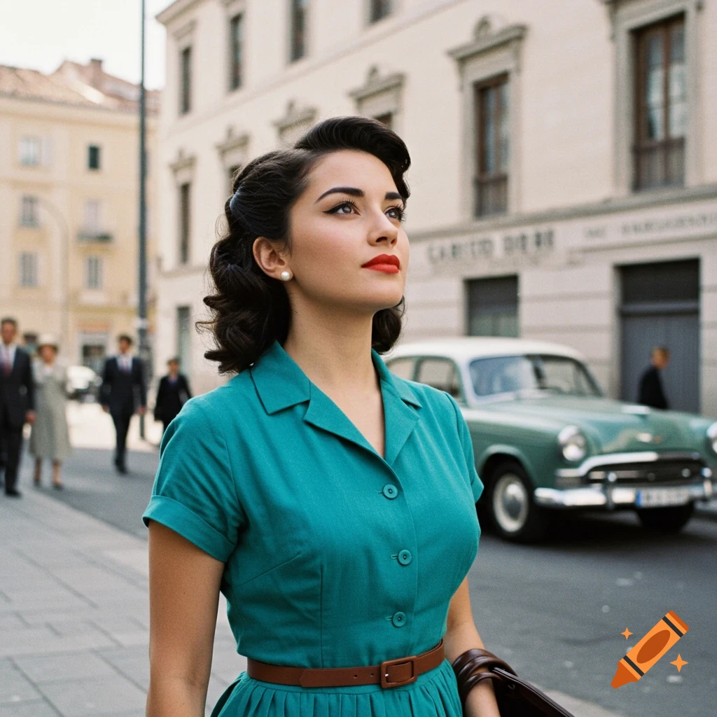 A woman in a 1950s teal dress stands on a city street looking up, with vintage cars and people in the background.