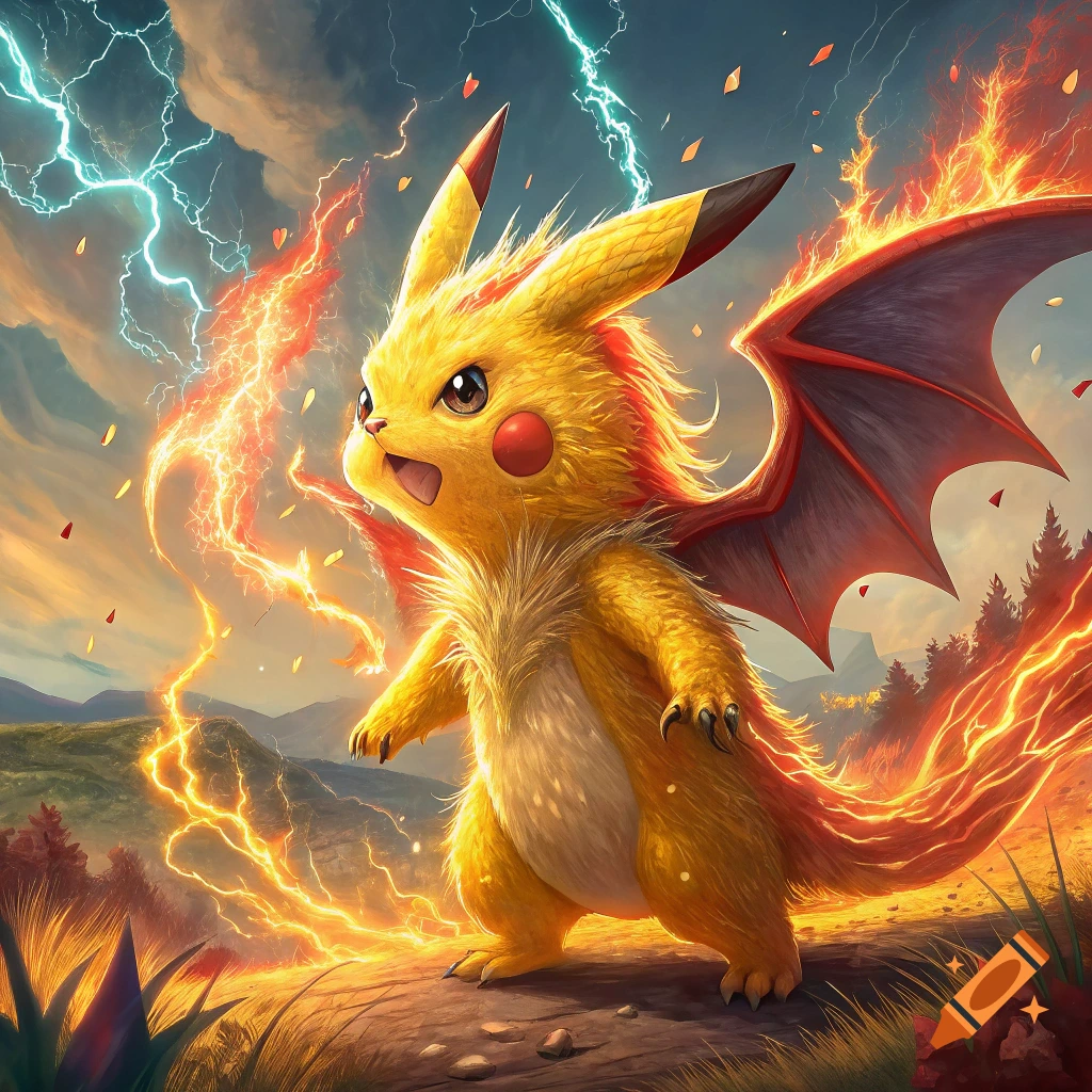 Pikachu and Charizard fusion creature with wings, surrounded by lightning and fire