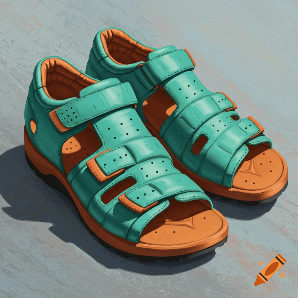 A pair of teal and orange sport sandals.