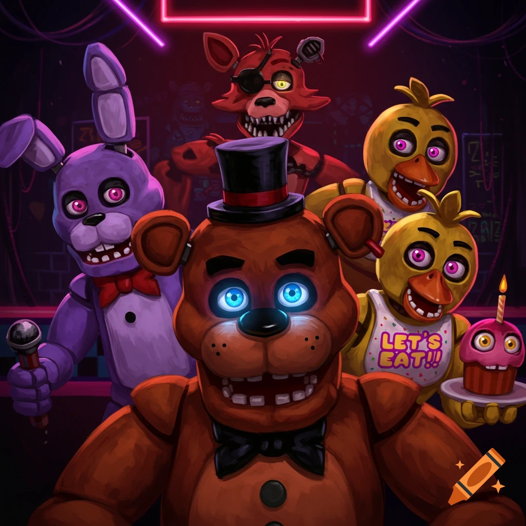 Freddy, Bonnie, Foxy, and Chica from Five Nights at Freddy's.
