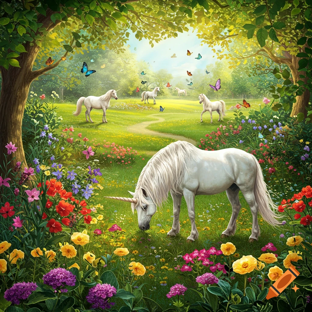Unicorns graze in a lush, sunlit fantasy garden with flowers and butterflies.
