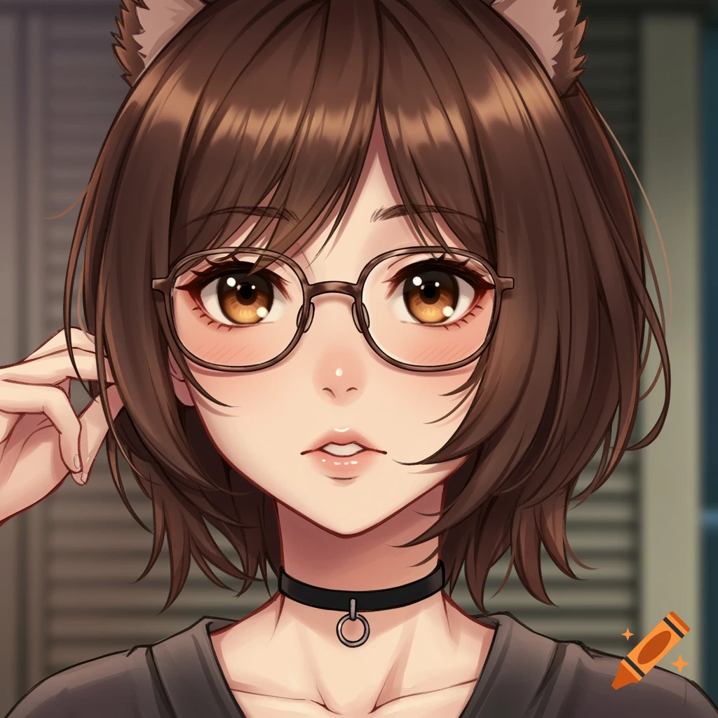 Anime portrait of a girl with brown hair, cat ears, glasses, and a choker.