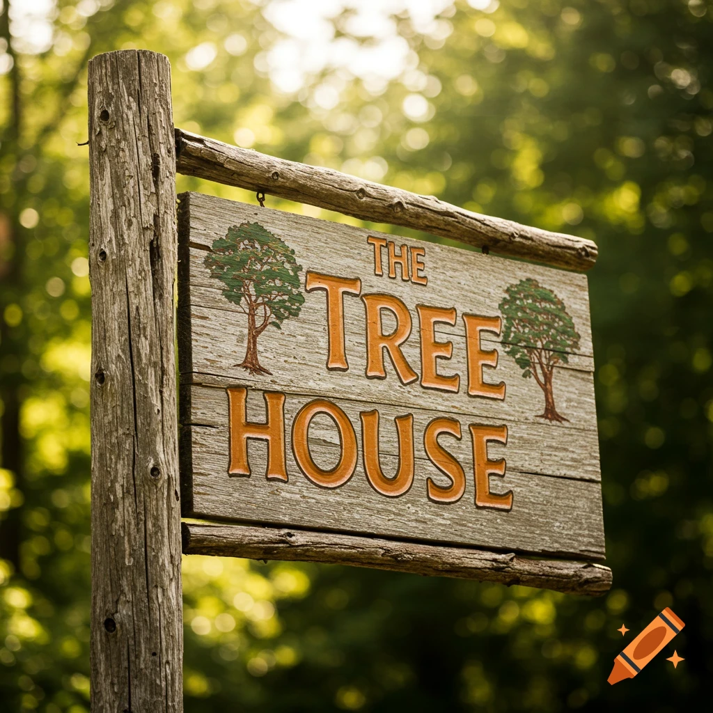 Wooden sign saying The Tree House in a forest setting