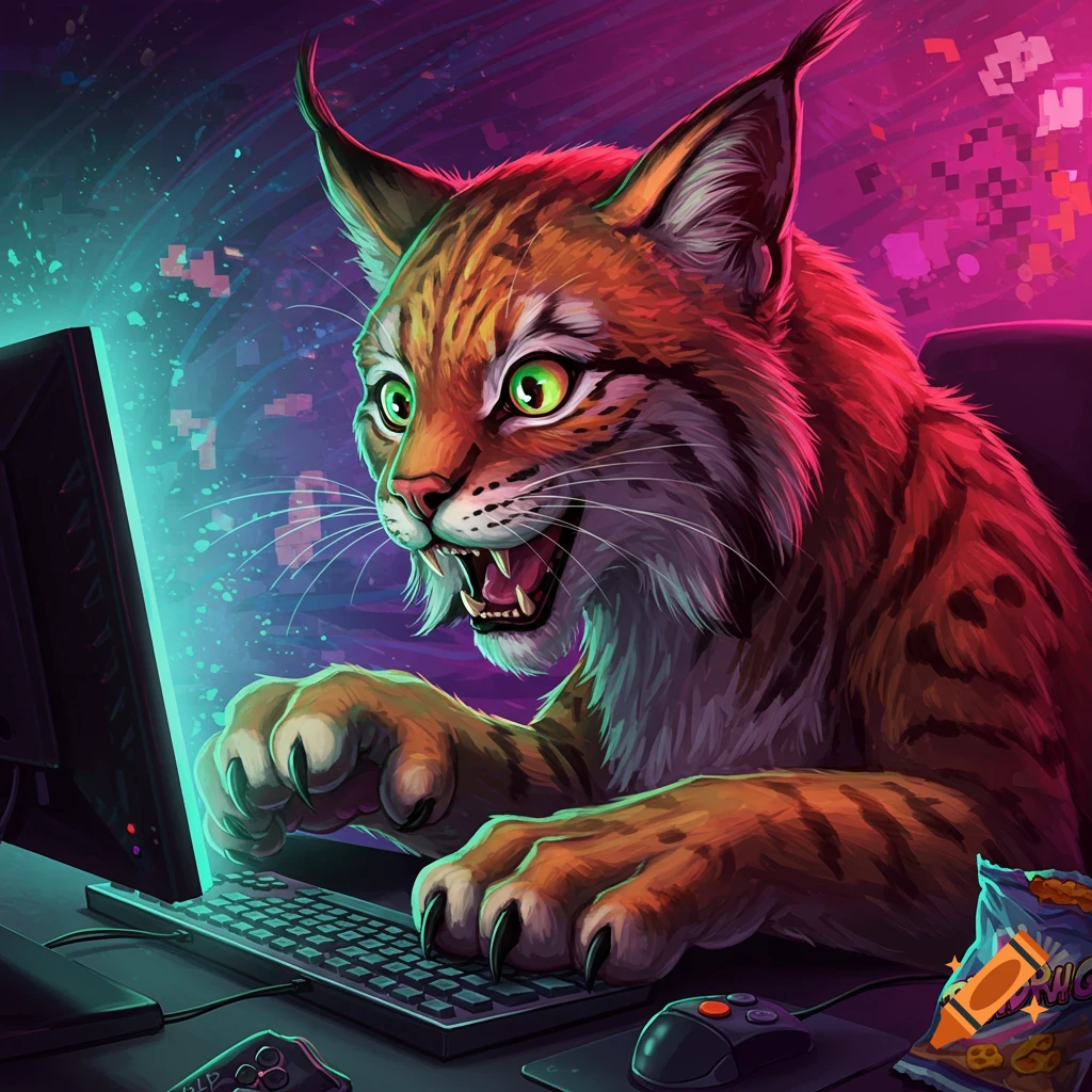 Stylized image of a bobcat playing video games on a computer.