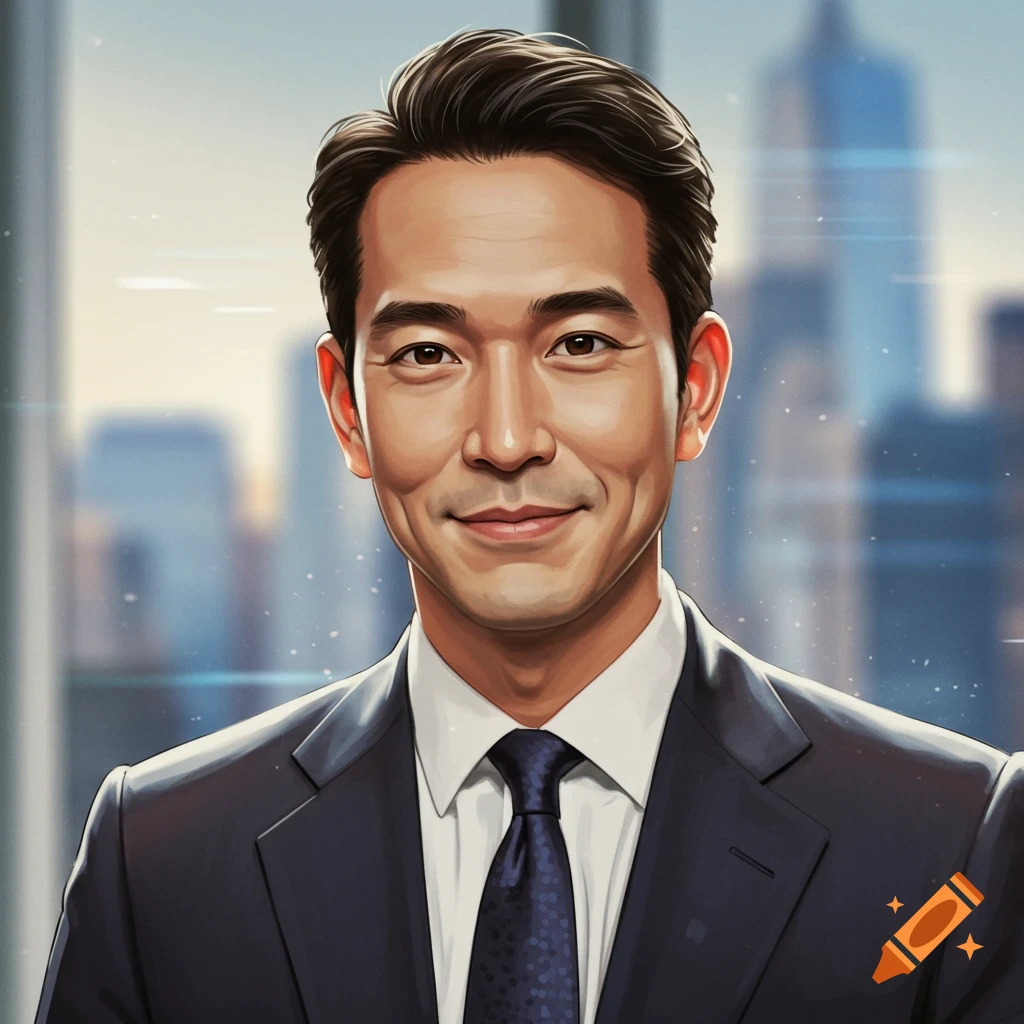 Painting of a man in a suit smiling with a city background.