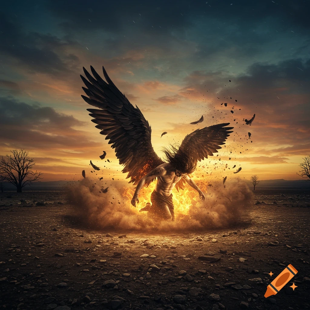 A dark-winged figure crashes into a desolate landscape surrounded by fire and smoke at sunset.