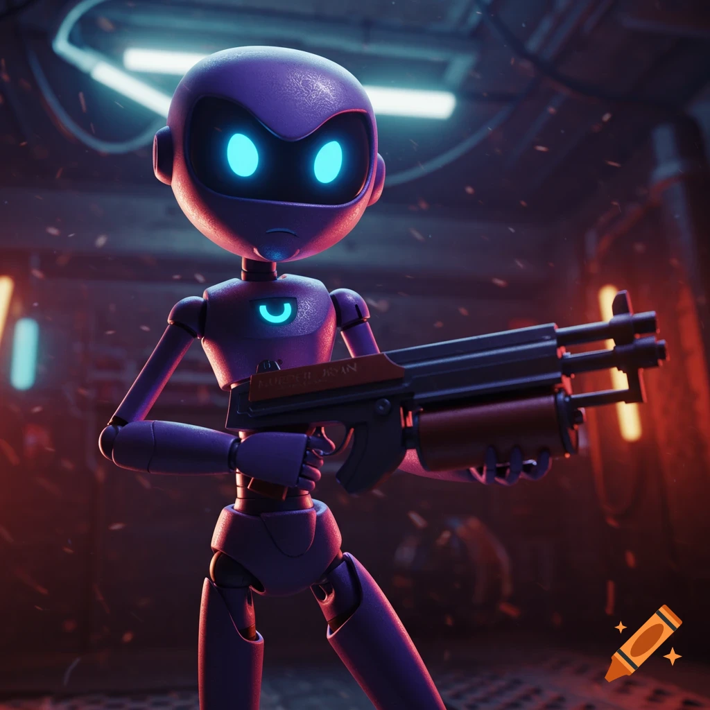 Purple robot with glowing eyes holding a futuristic gun in a sci-fi setting.