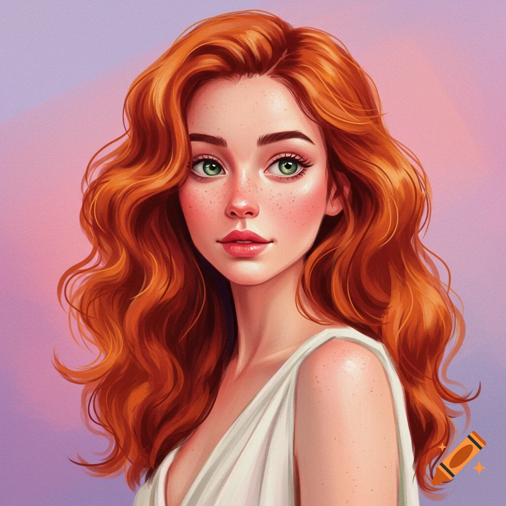 Portrait of a young woman with red hair, freckles, and green eyes.