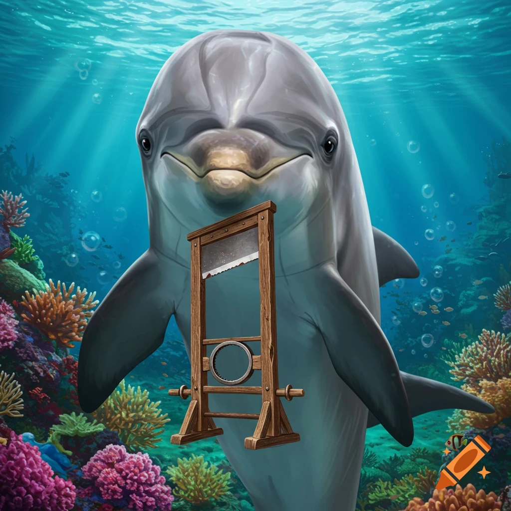 A dolphin holding a guillotine underwater with a coral reef.