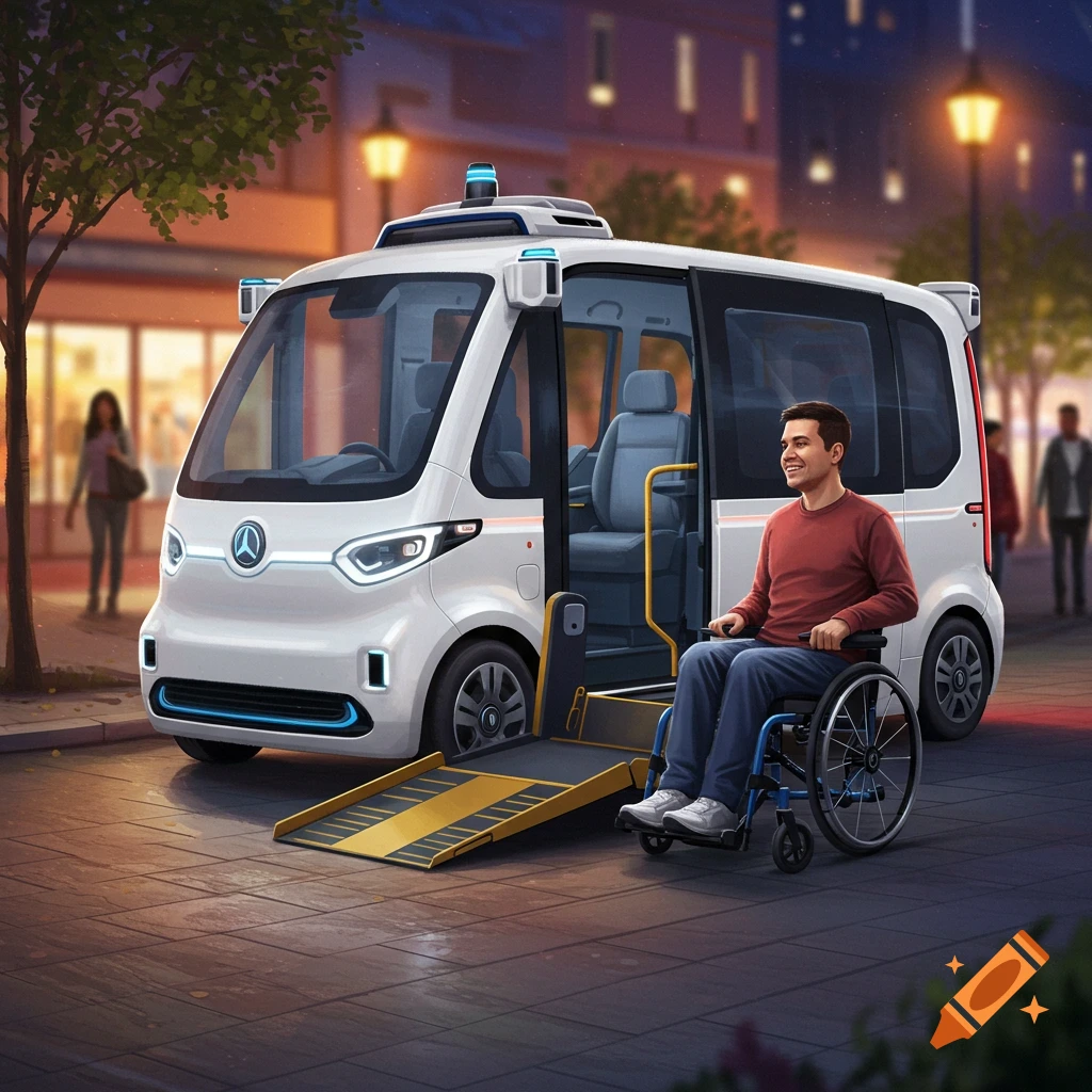 A person in a wheelchair sits beside a white autonomous vehicle with a deployed ramp on a city street at dusk.