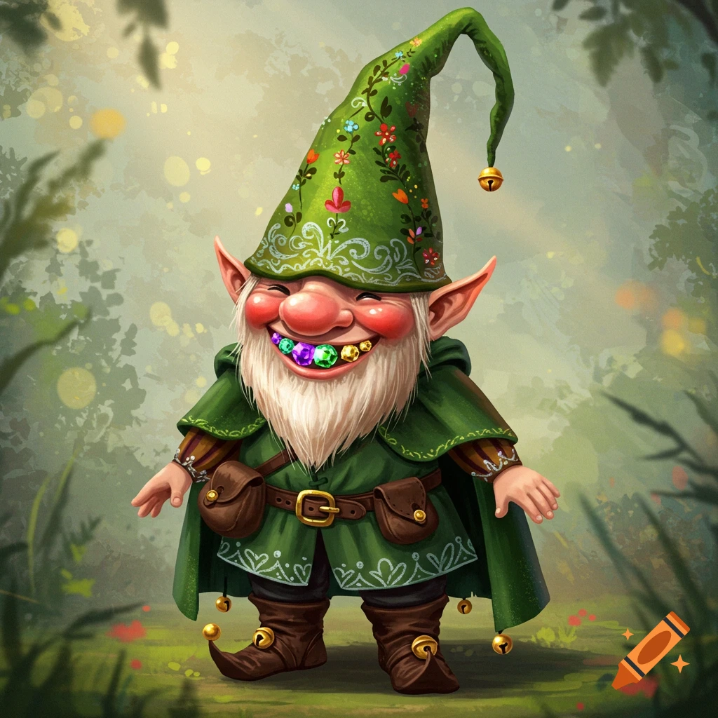 A cheerful gnome with jewels for teeth stands in a forest.