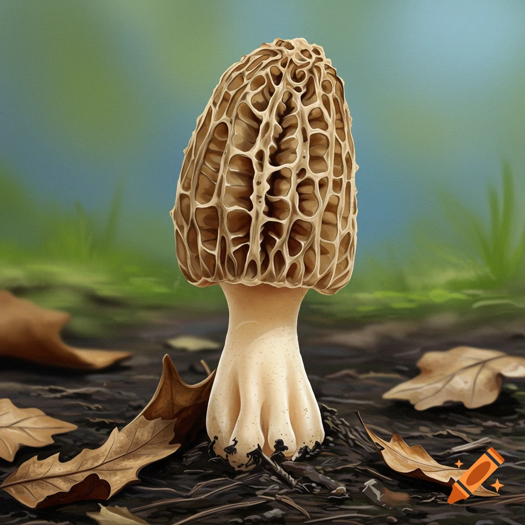 Morel mushroom on the forest floor with fallen leaves.