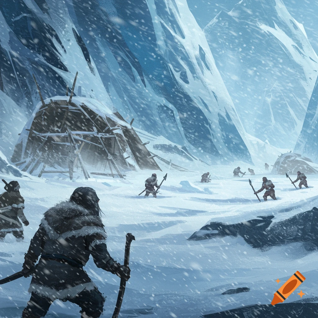 Figures are depicted walking through a snowy, mountainous landscape during a blizzard, with a tent-like structure visible in the background.